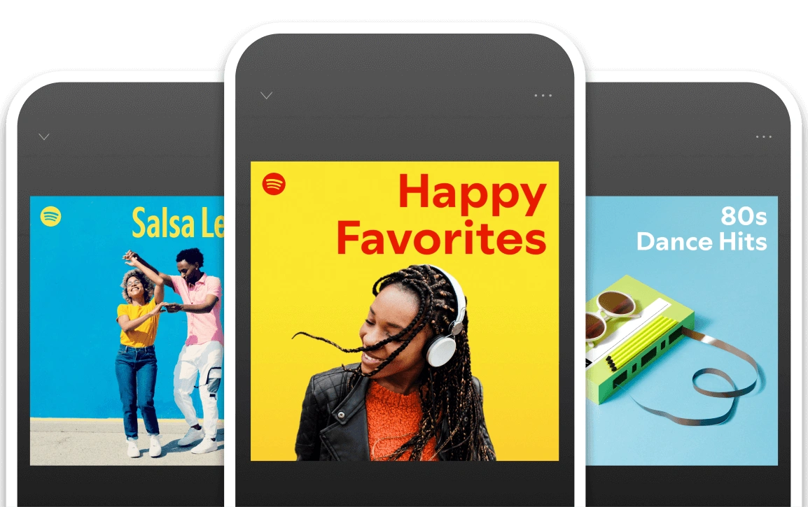 Three smartphones displaying Spotify playlists titled Happy Favorites, Salsa Lessons, and 80s Dance Hits with vibrant backgrounds.
