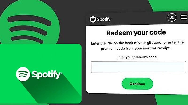 Spotify gift card redemption screen prompting users to enter a PIN or premium code to redeem credit.