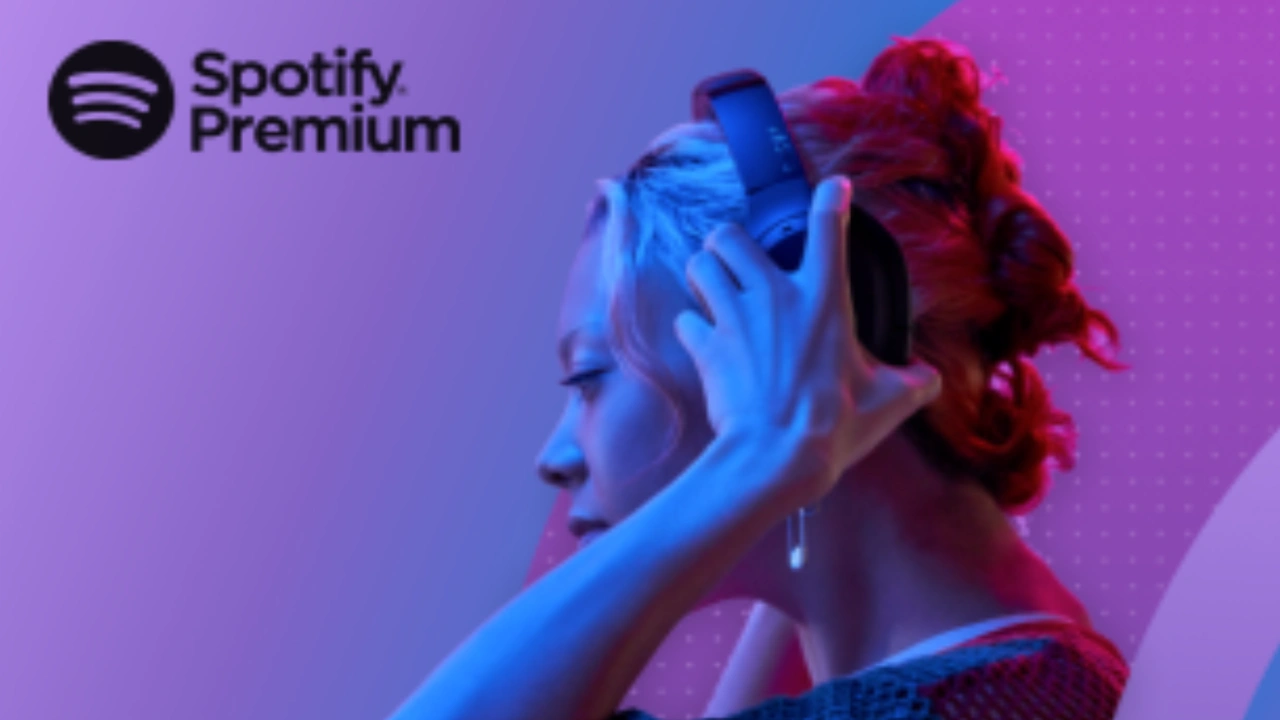 Person with red hair wearing headphones next to Spotify Premium logo on a purple gradient background