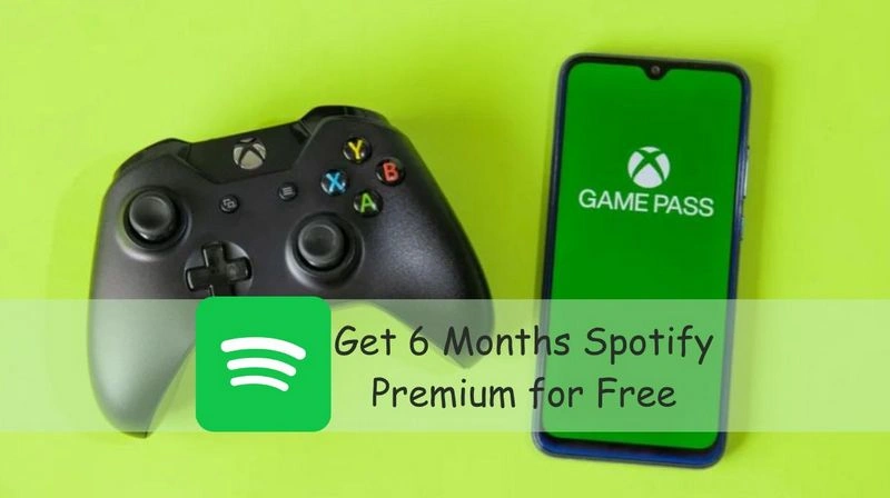 Xbox controller and smartphone with Game Pass app promoting 6 months of free Spotify Premium subscription